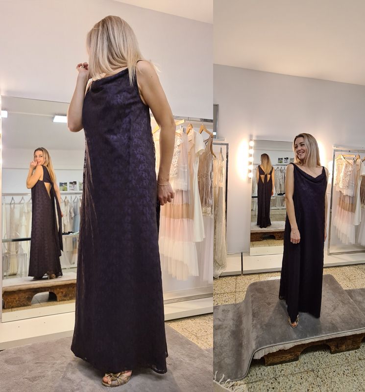 vestido de fiesta largo violeta con cuello barco, tirantes y escote eslpalda