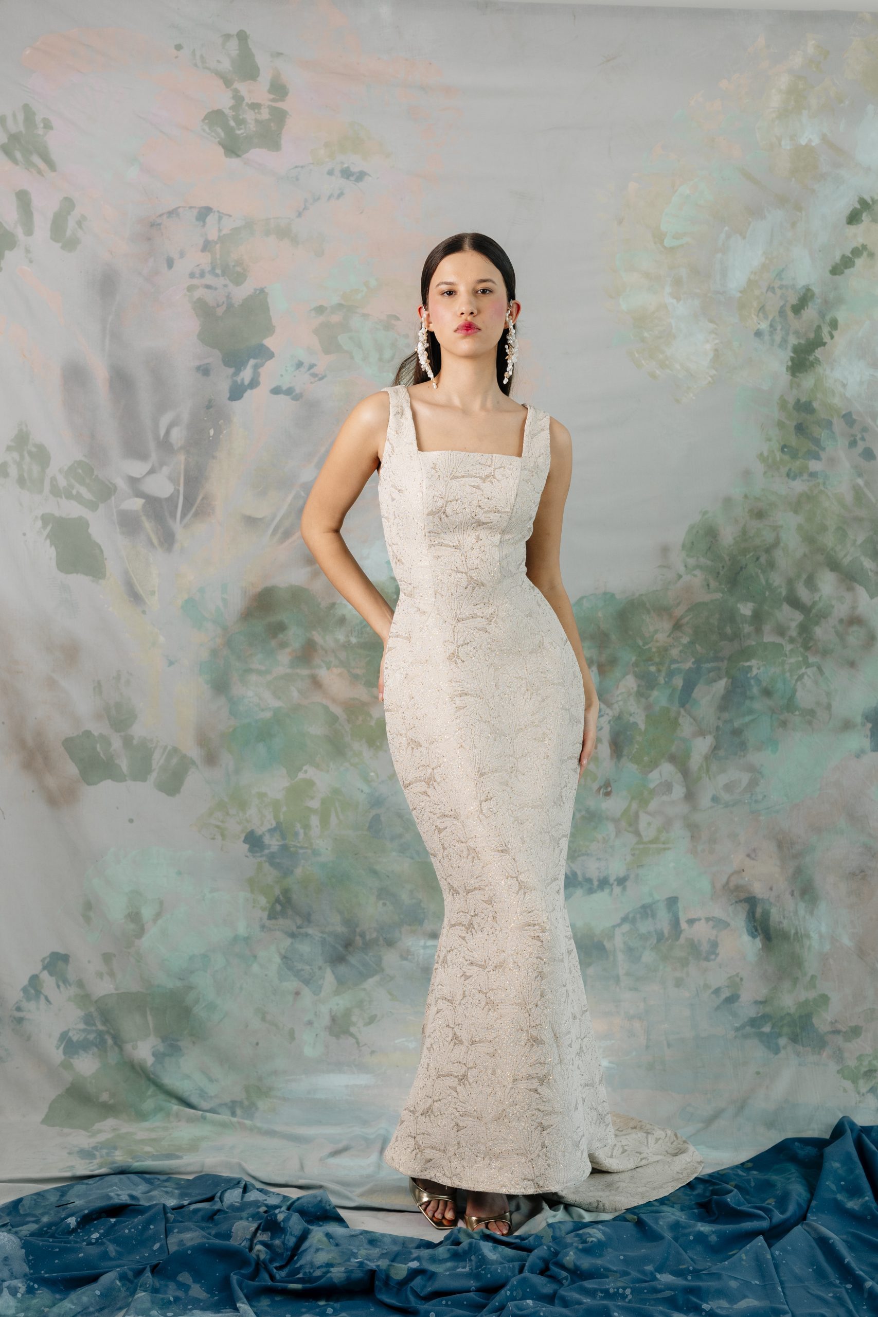 Vestido de novia corte sirena en jacquard color crema