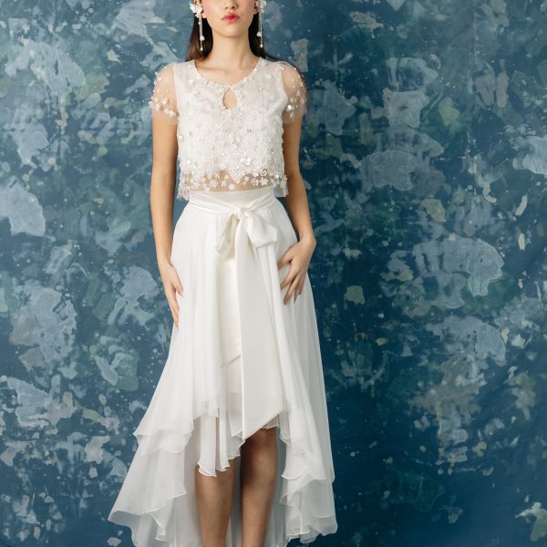 vestido de novia dos piezas top corto y falda de gasa